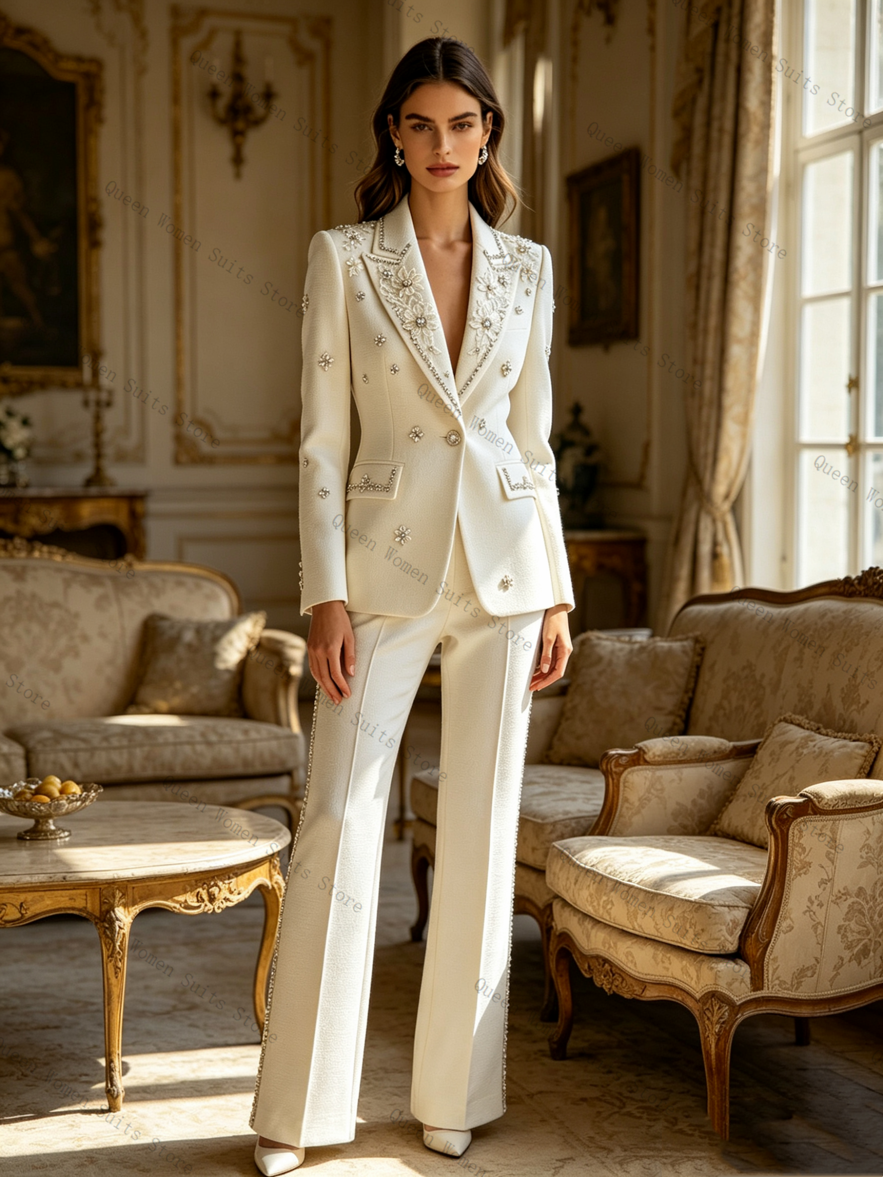 Women'S Formal Wear For A Wedding - White Crystals Women Suit Set 2