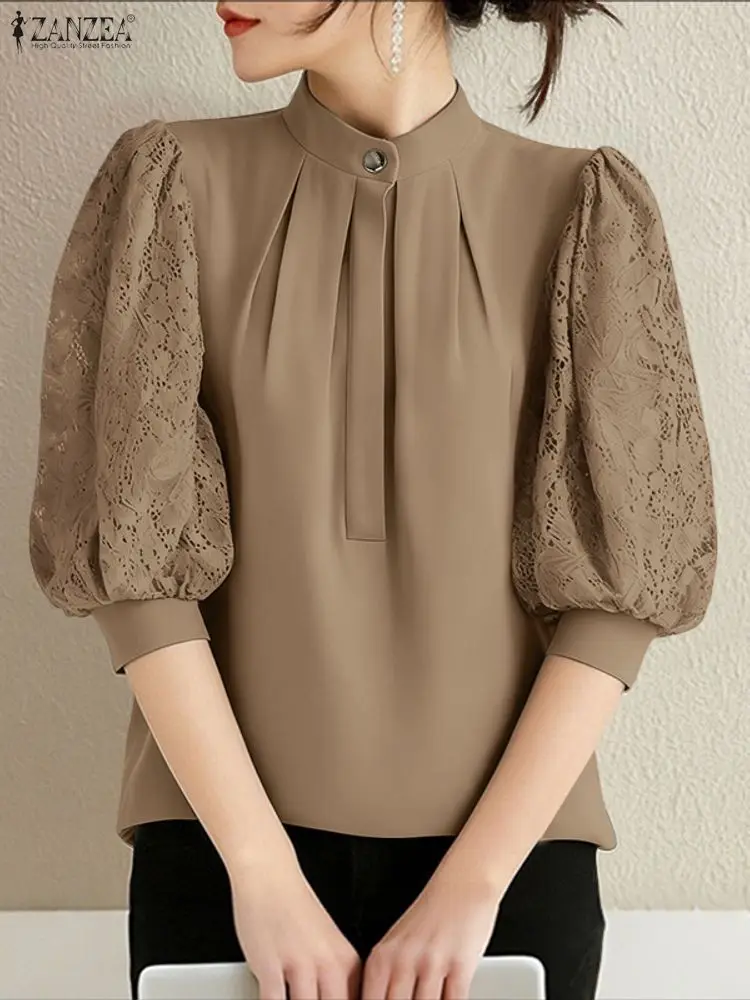 Silk Blouse Button - 2025 ZANZEA Summer Lace Patchwork Shirt