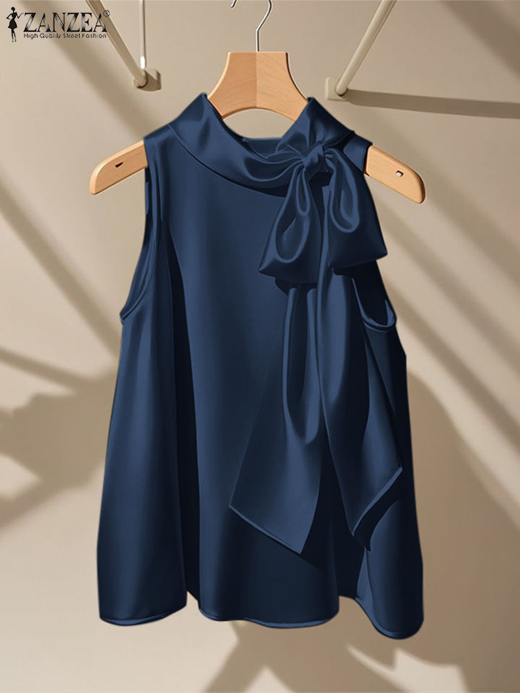 Silk Blouse Button - ZANZEA Elegant Blouses Bow Tie Tops
