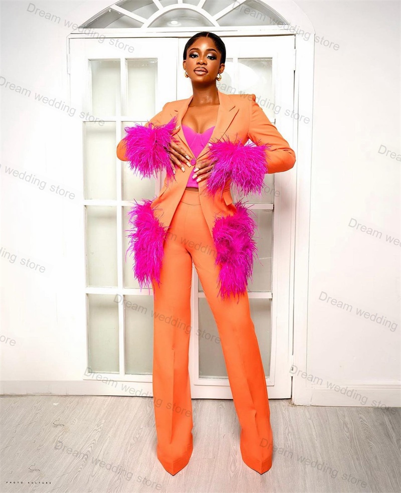 Women Formal Wear Trousers - Ostrich Feather Orange Women Suits Pants