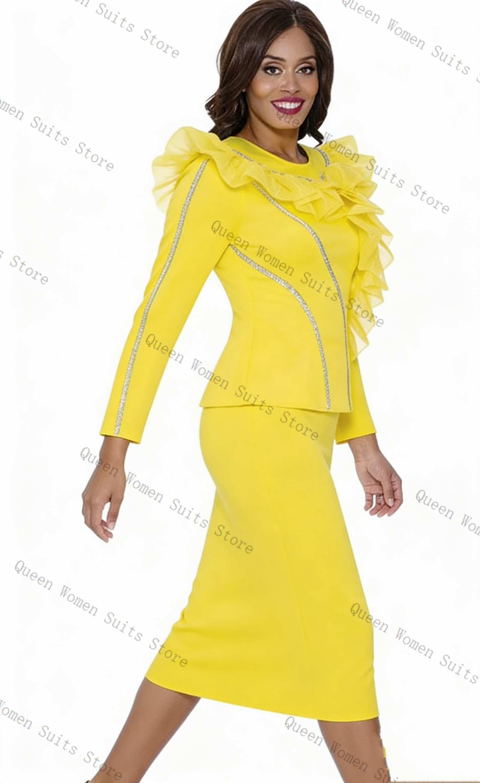 Women'S Formal Wear For Wedding Guest - Crystals Yellow Women Suit Skirt Set