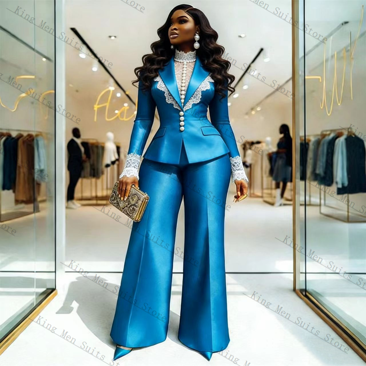 Blue Satin Lace Women Suit Set - Women'S Formal Wear For A Wedding avis et prix