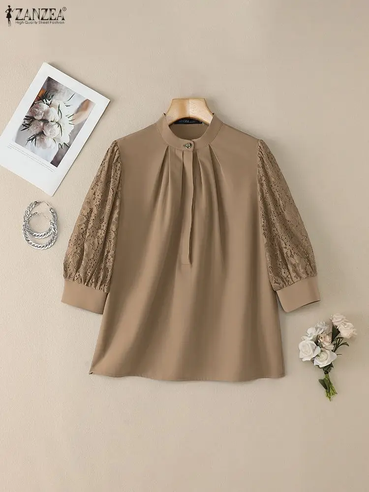 2025 ZANZEA Summer Lace Patchw - Silk Blouse Button avis et prix