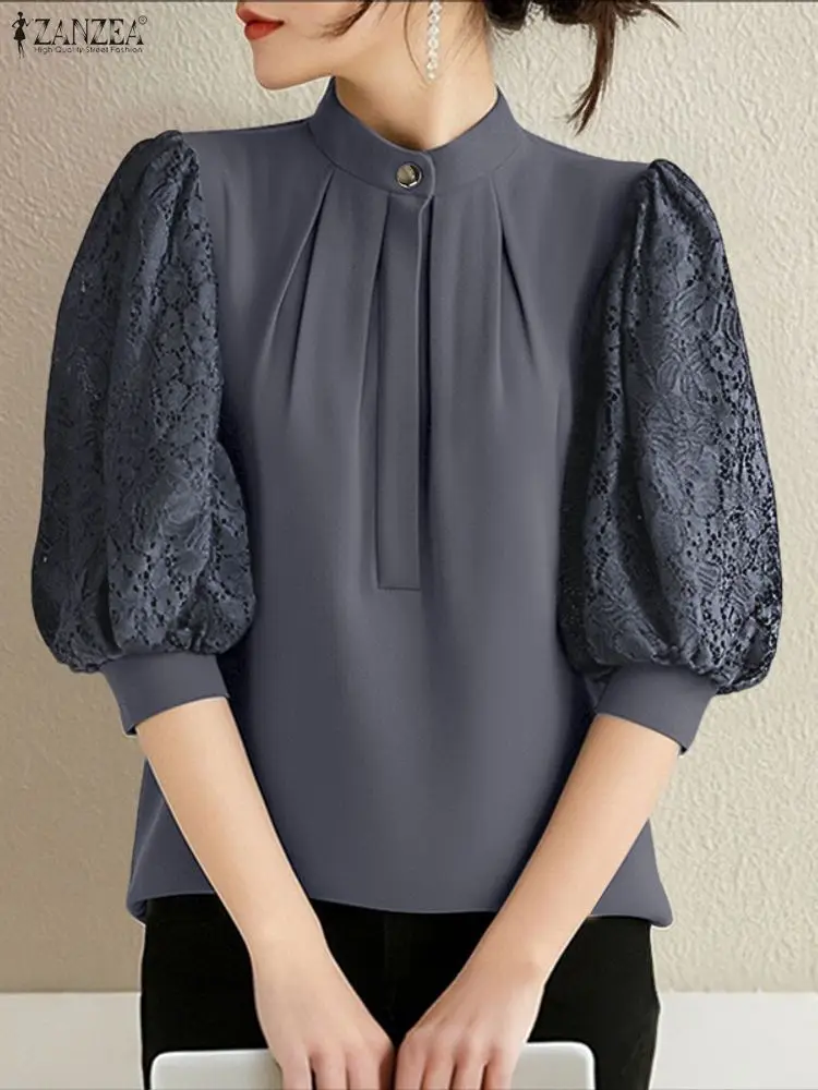 2025 ZANZEA Summer Lace Patchw - Silk Blouse Button avis et prix