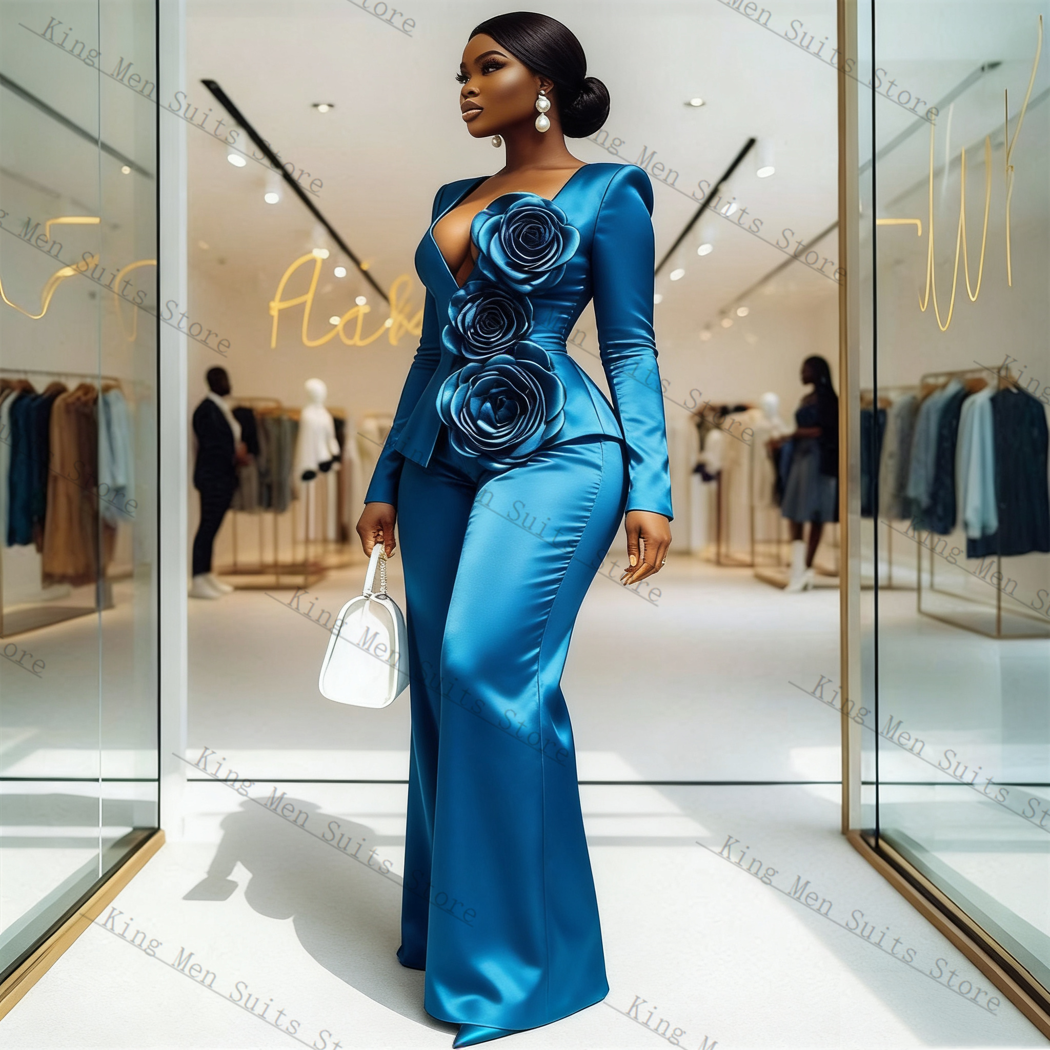 Blue Satin Women Suit Set 2 Pc - Women'S Formal Wear For Wedding Guest avis et prix
