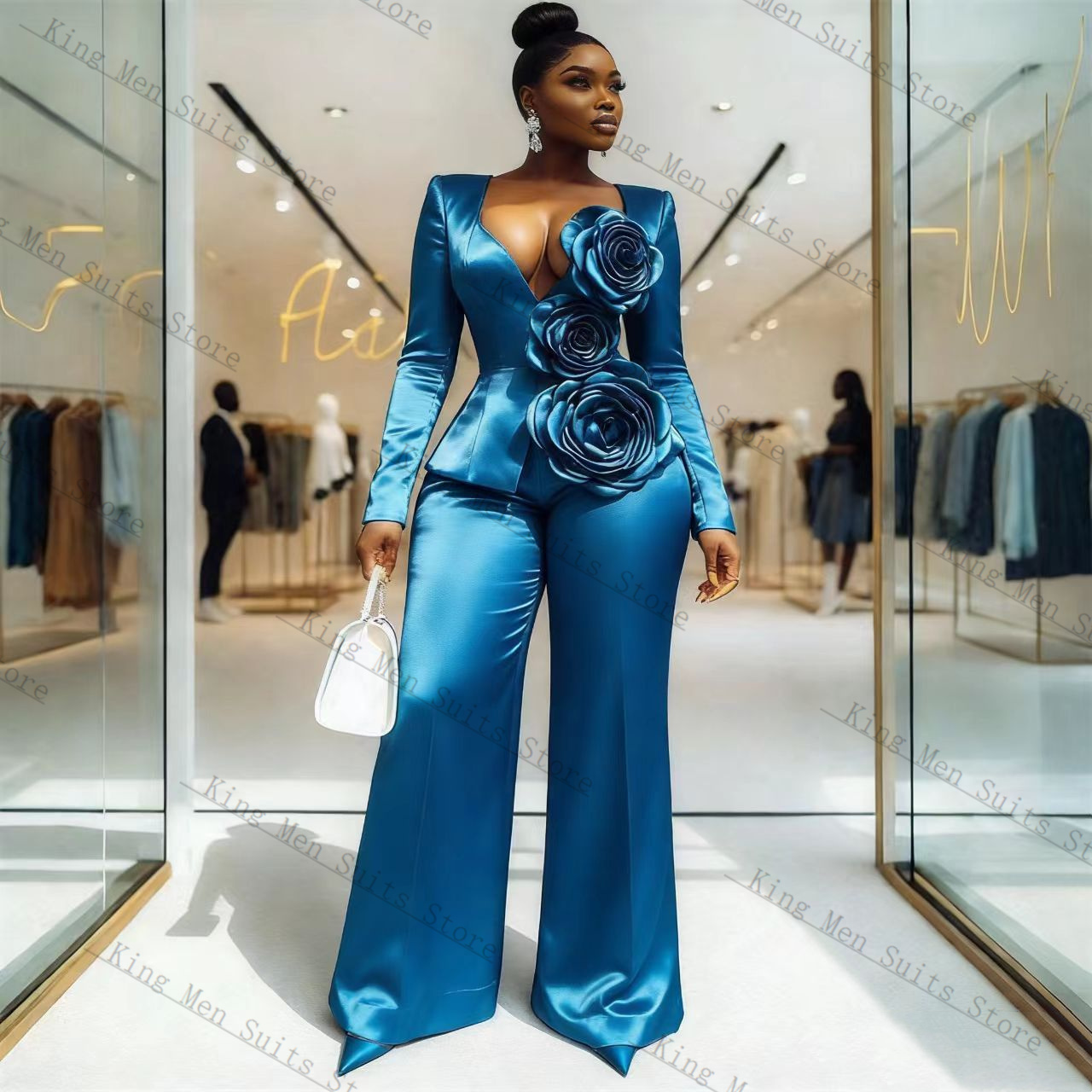 Blue Satin Women Suit Set 2 Pc - Women'S Formal Wear For Wedding Guest avis et prix