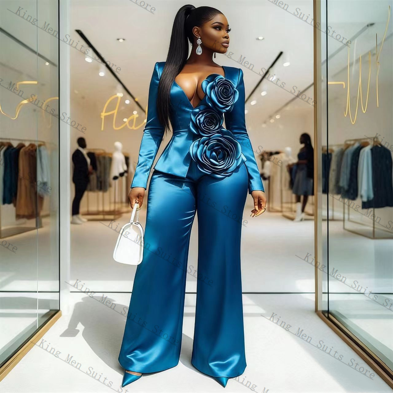 Blue Satin Women Suit Set 2 Pc - Women'S Formal Wear For Wedding Guest avis et prix